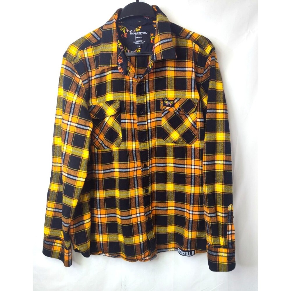 Middle Of Beyond "Godzilla / Mothra" Shirt Mens XL Orange Black Plaid Flannel